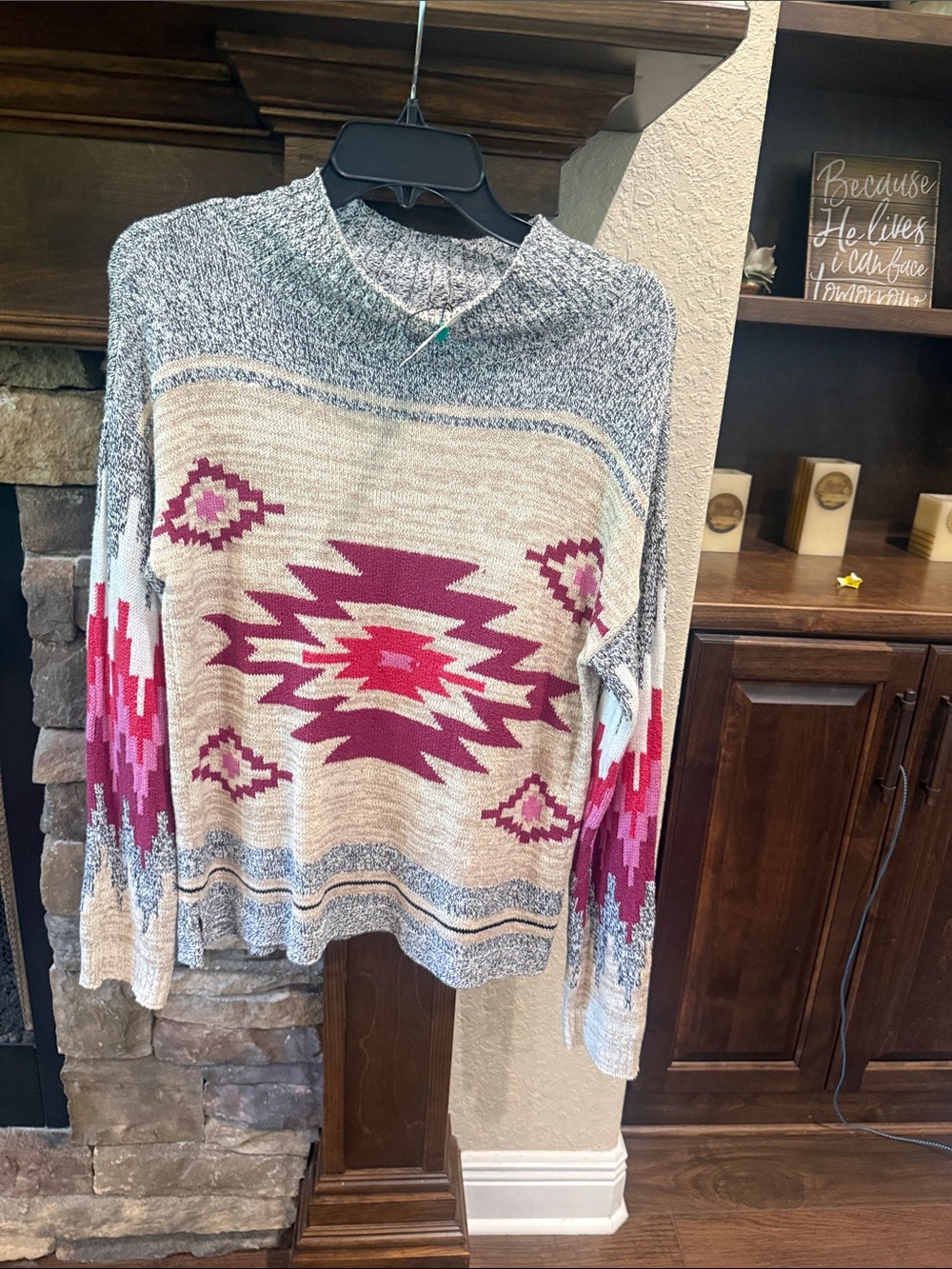 NIC+ZOE Cream Sweater with Pink Aztec Motif